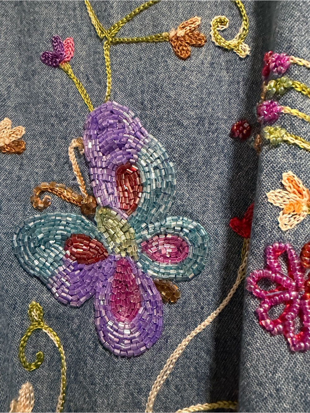 Fun Blue Denim Jacket with Pink Lining & Multicolor Embroidery - Picture 5 of 7
